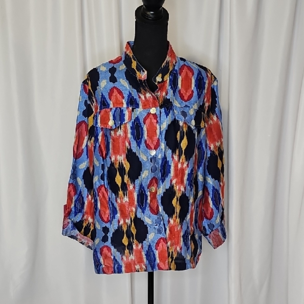 Ruby Rd. Blue and Red Abstract Button Down Linen Blouse With Shear Cut Outs